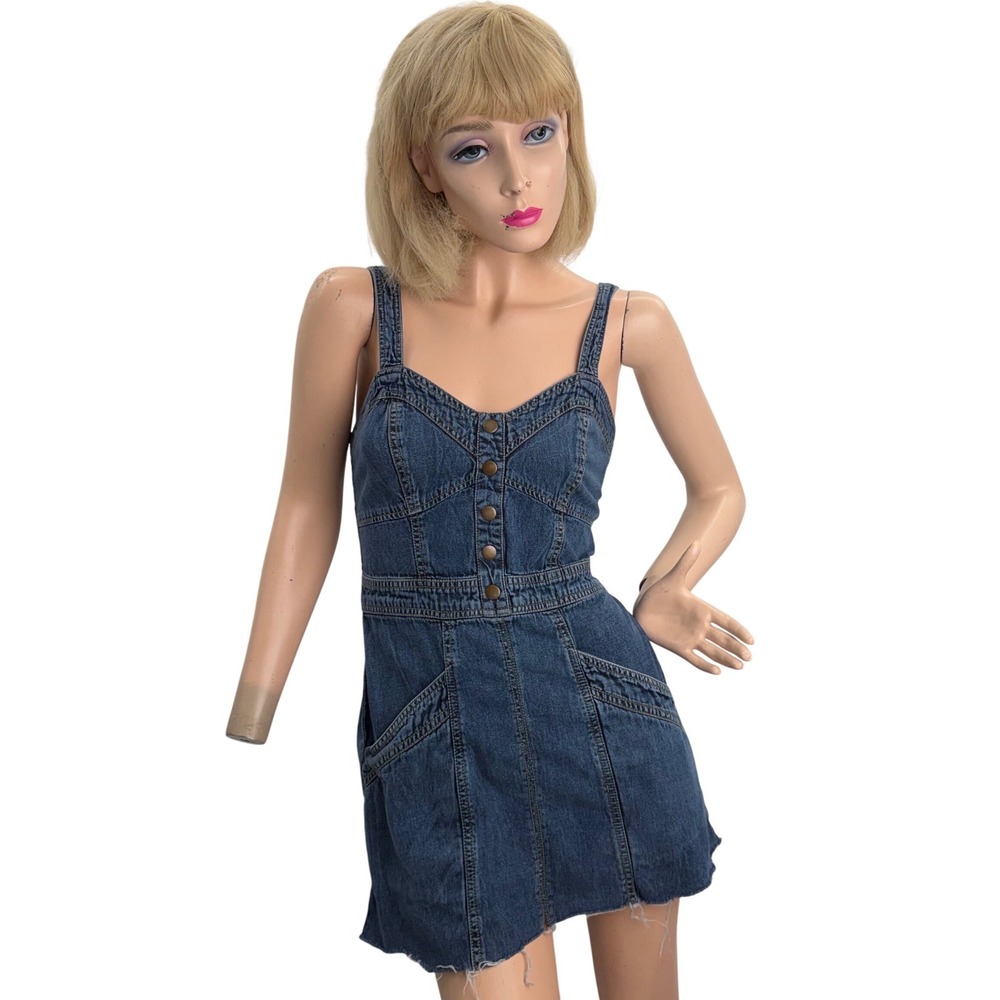 Denim‎ Button Front Mini Dress smocked back Strappy Summer Casual Womens Medium